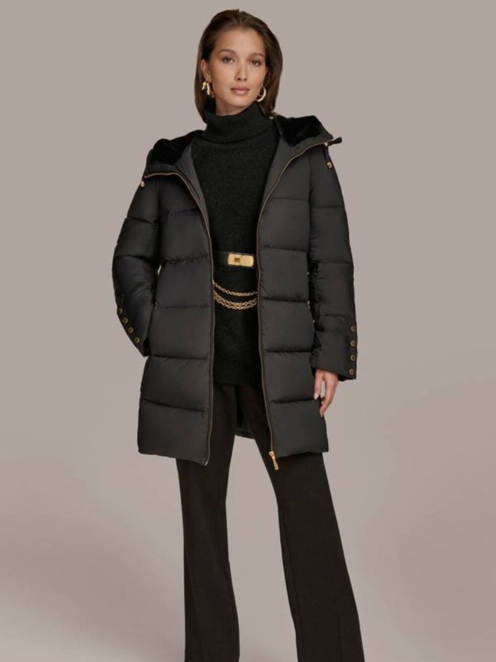NEW DONNA KARAN Hooded Down Puffer Coat Black Women’s L